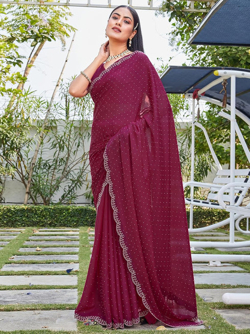 Vasthrlay Georgette Scalloped Unstitched Black Saree