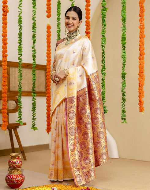 Vasthrlay Banarasi Cream Saree With Pink Unstitched Blouse Piece