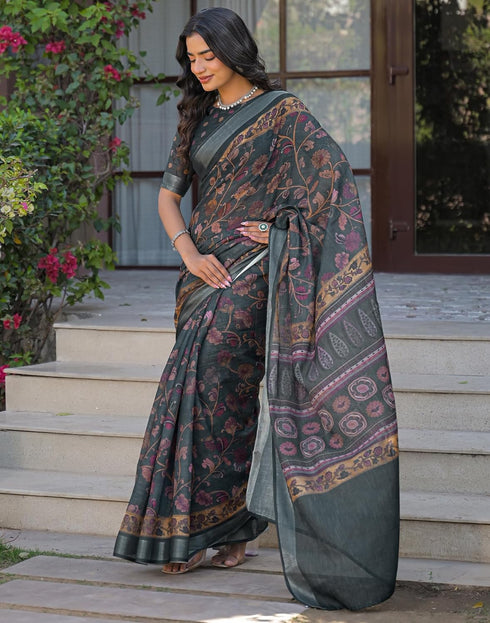 Vasthrlay Womens Printed Unstitched Dark Green Saree