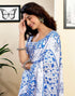 Vasthrlay Womens Printed White And Blue Saree With Unstitched Blouse Piece