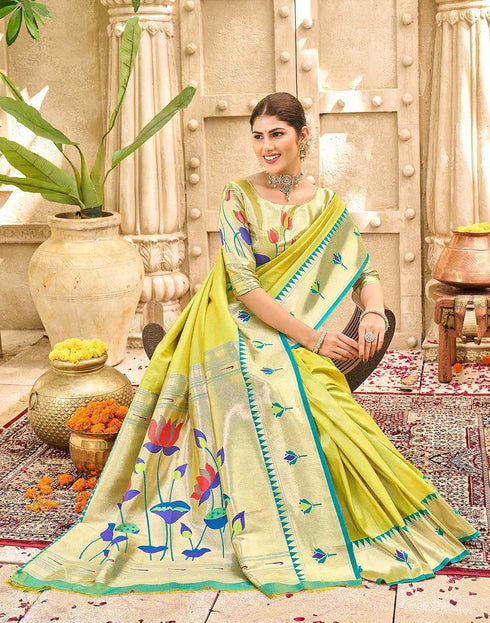 Vasthrlay Paithani Kanjivaram Green Saree With Cream Unstitched Blouse Piece