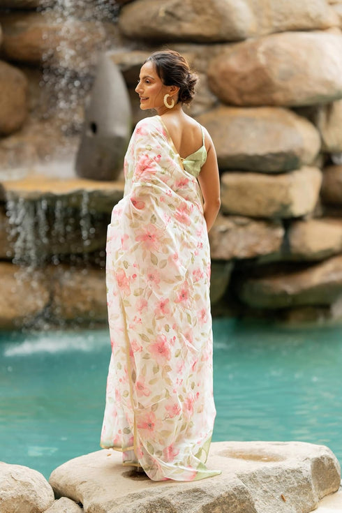 Vasthrlay Fashion Organza Printed White Ethnic Wear