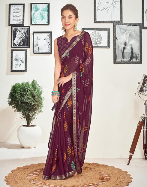 Vasthrlay Chiffon Tassels Unstitched Dark Green Saree
