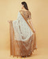 Vasthrlay Off White Geometric Triangle Print Polyester Saree With Muted Gold Zari Border And Teal Blue Ruched Unstitched Blouse Piece