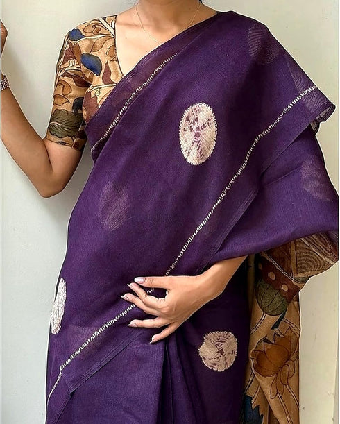 Vasthrlay Pure Linen Cotton Wine Saree with Kalamkari Print Border