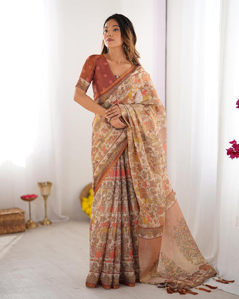 Vasthrlay Beige Blue Traditional Multicolour Saree