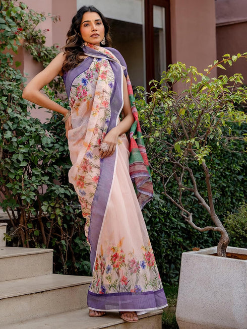 Vasthrlay Womens Printed Unstitched Multicolor Saree
