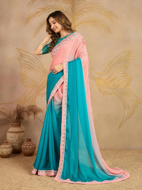 Vasthrlay Chiffon Embroidery Unstitched Turquoise Ethnic Wear