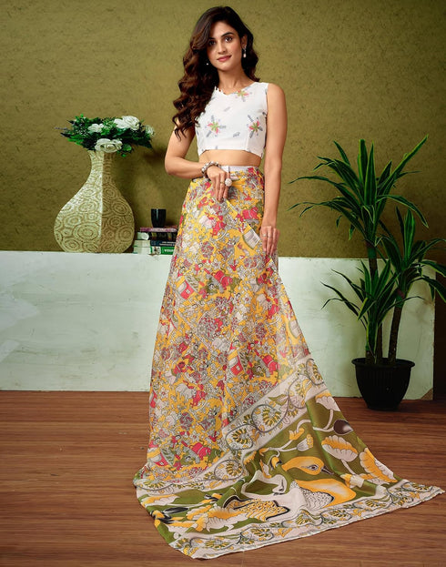 Vasthrlay Chanderi Printed Yellow And Green Saree With Unstitched Blouse Piece