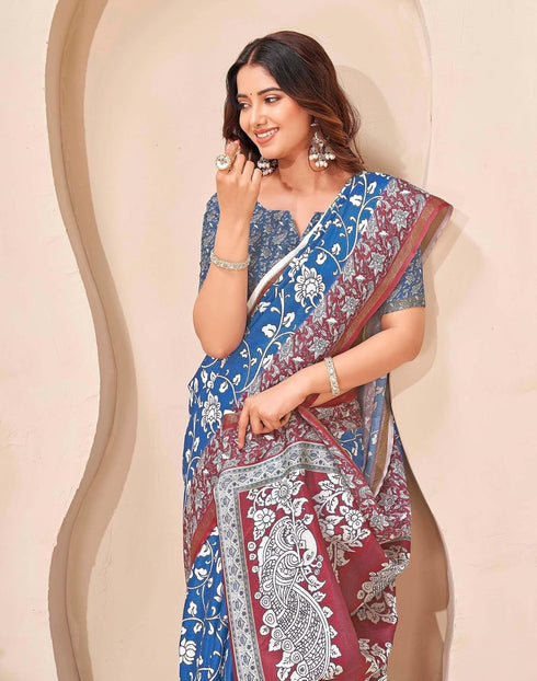 Vasthrlay Kalamkari Printed Unstitched Blue Saree