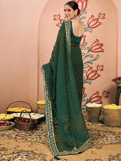 Vasthrlay Embroidery Bandhani Unstitched Rama Green Saree