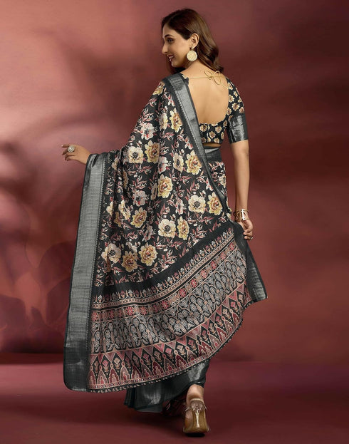 Vasthrlay Banglori Printed Black Saree With Unstitched Blouse Piece