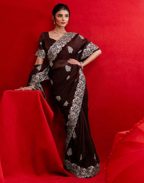 Vasthrlay Embroidery Scalloped Unstitched Maroon Saree