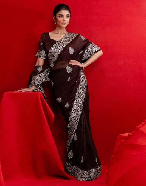 Vasthrlay Embroidery Scalloped Maroon Saree With Unstitched Blouse Piece