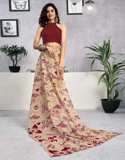 Vasthrlay Womens Printed Dark Red Saree With Unstitched Blouse Piece