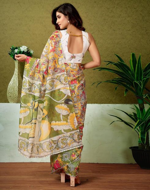 Vasthrlay Chanderi Printed Yellow And Green Saree With Unstitched Blouse Piece