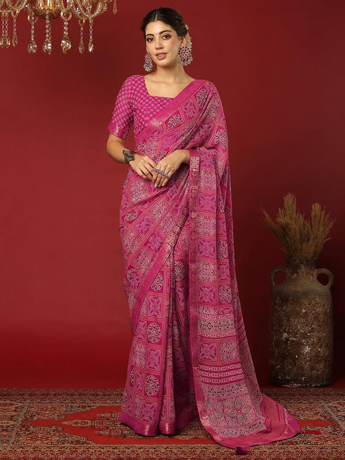 Vasthrlay Georgette Bandhani Unstitched Pink Saree