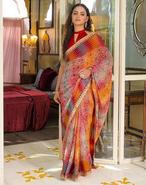 Vasthrlay Bandhani Embroidery Unstitched Yellow Saree