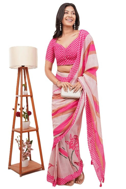 Vasthrlay Womens Pink Paisley Printed Linen Saree With Unstitched Blouse Piece