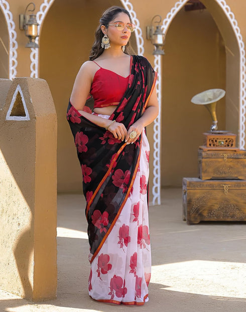 Vasthrlay Chiffon Tassels Off-White | Black Saree With Unstitched Blouse Piece