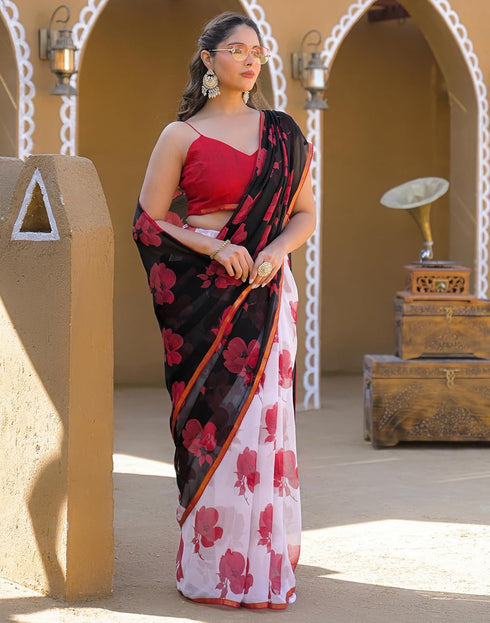 Vasthrlay Chiffon Tassels Unstitched Dark Green Saree