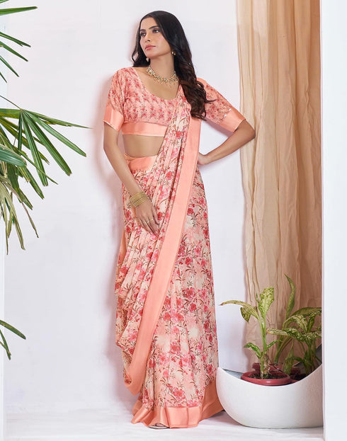 Vasthrlay Georgette Printed Peach Saree With Unstitched Blouse Piece
