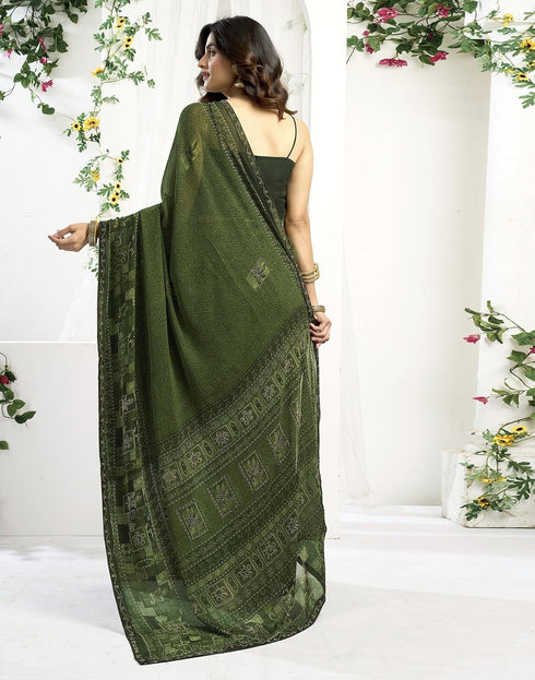 Vasthrlay Georgette Printed Olive Green Saree With Unstitched Blouse Piece