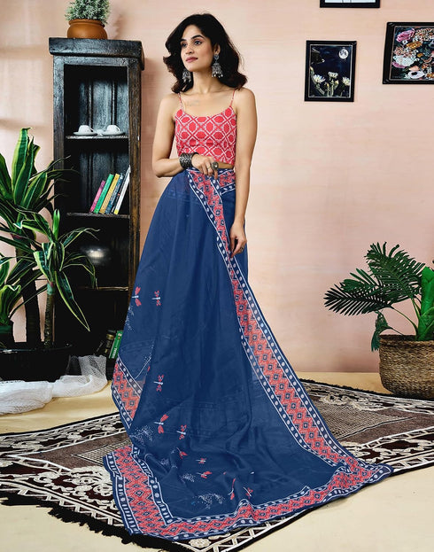 Vasthrlay Chanderi Printed Navy Blue Saree With Unstitched Blouse Piece