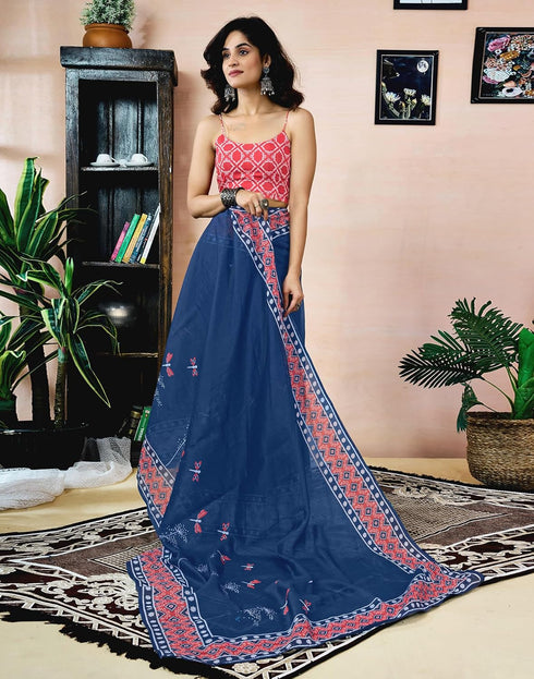 Vasthrlay Chanderi Printed Unstitched Orange Saree