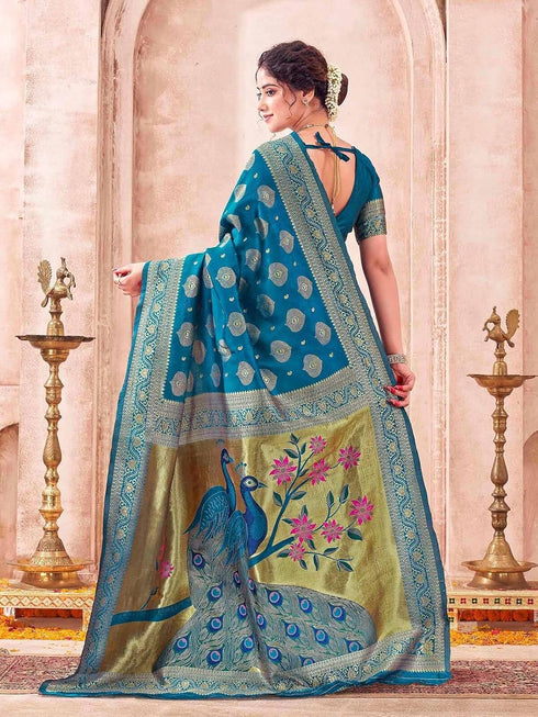 Vasthrlay Weaving Banarasi Unstitched Peacock Blue Saree