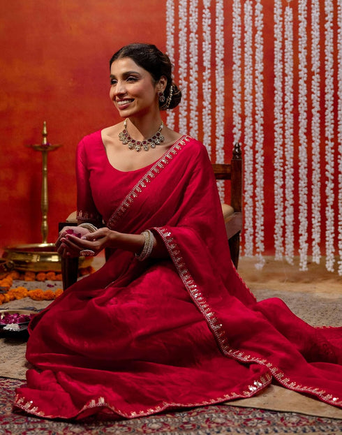 Vasthrlay Sequence Embroidery Unstitched Red Saree