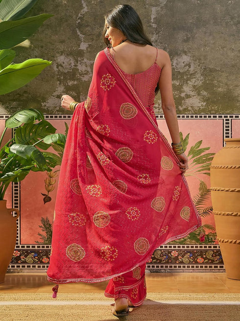 Vasthrlay Georgette Embroidery Red Saree With Unstitched Blouse Piece