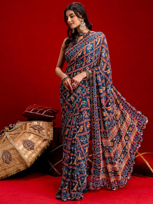 Vasthrlay Sequins Embroidery Orange Saree