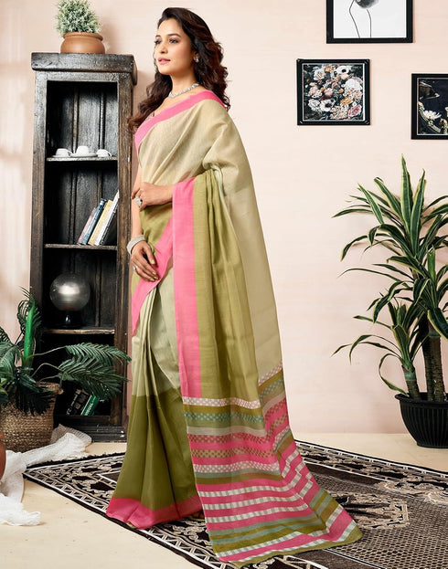Vasthrlay Chanderi Printed Unstitched Off White Saree