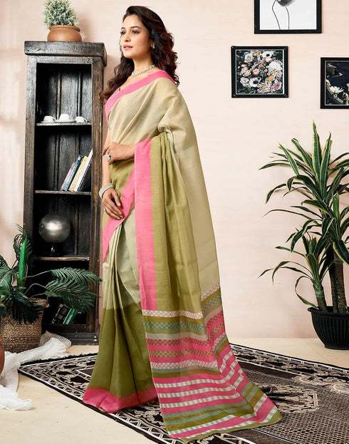 Vasthrlay Chanderi Printed Green Saree With Unstitched Blouse Piece
