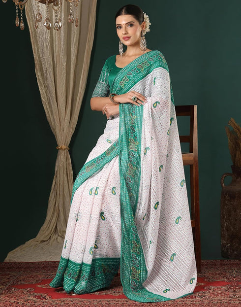 Vasthrlay Georgette Bandhani Unstitched White Saree