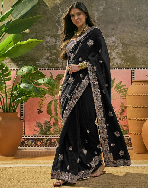 Vasthrlay Scalloped Embroidery Unstitched Maroon Saree