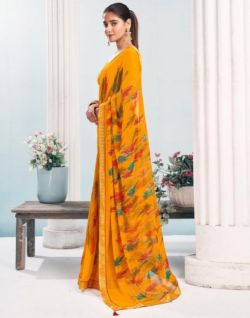 Vasthrlay Chiffon Tassels Unstitched Dark Green Saree