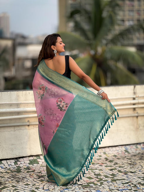 Vasthrlay Kanjivaram Organza Kalamkari Cream Purple Ethnic Wear