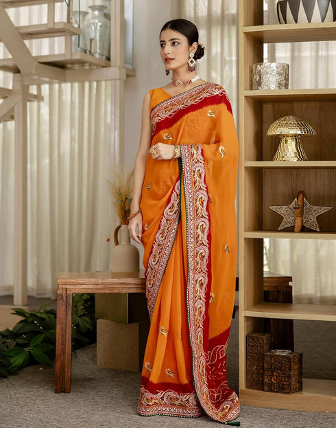 Vasthrlay Georgette Embroidery Unstitched Turmeric Yellow Saree