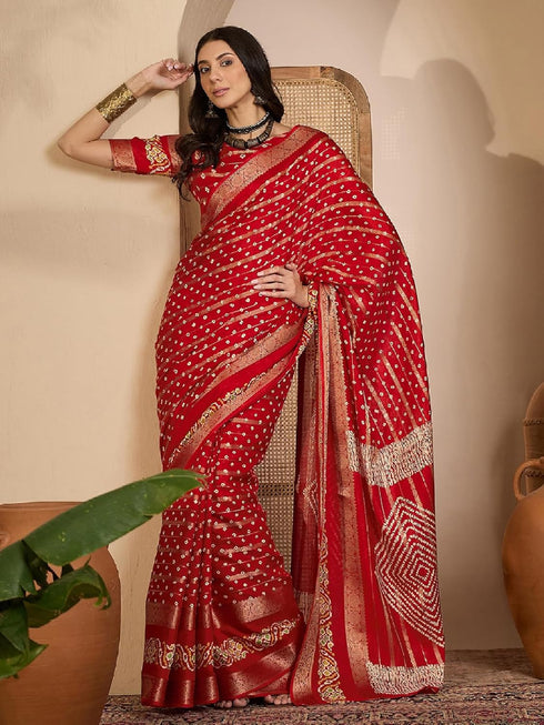 Vasthrlay Bandhani Printed Unstitched Red Saree