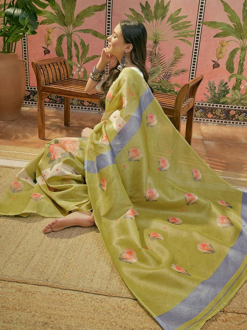 Vasthrlay Shimmer Printed Unstitched Lime Green Saree