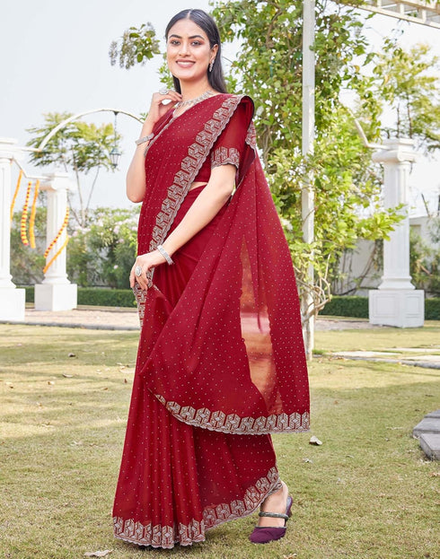 Vasthrlay Georgette Scalloped Unstitched Red Saree
