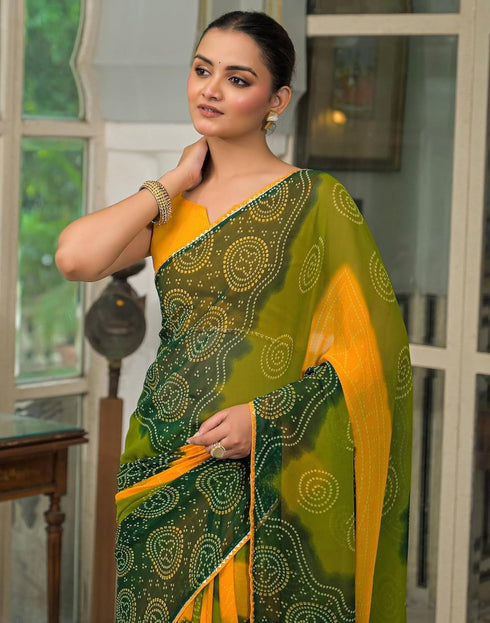 Vasthrlay Georgette Bandhani Unstitched Green Saree