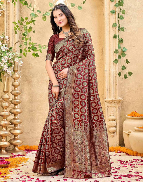 Vasthrlay Womens Weaving Maroon | Gold Saree With Unstitched Blouse Piece