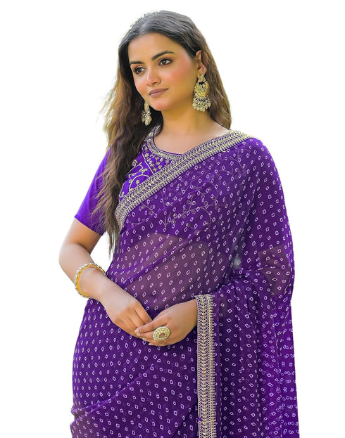 Vasthrlay Embroidery Georgette Dark Purple Saree With Unstitched Blouse Piece