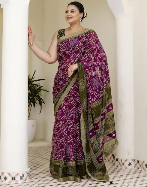 Vasthrlay Chiffon Bandhani Maroon Saree With Green Unstitched Blouse Piece