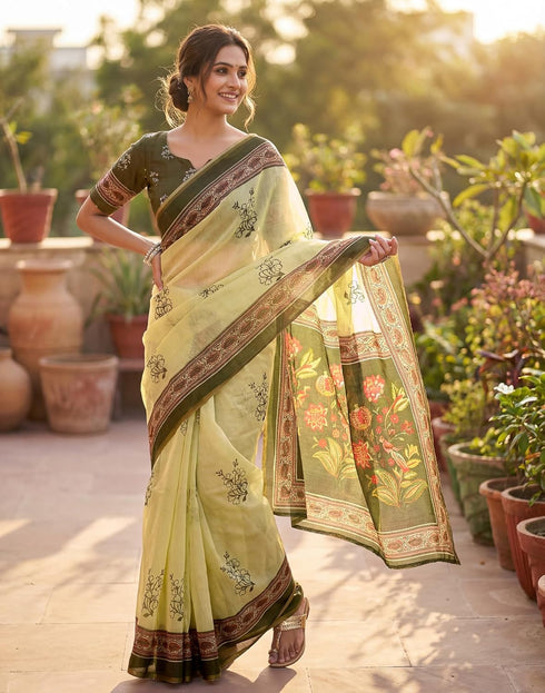 Vasthrlay Womens Printed Unstitched Olive Green Saree