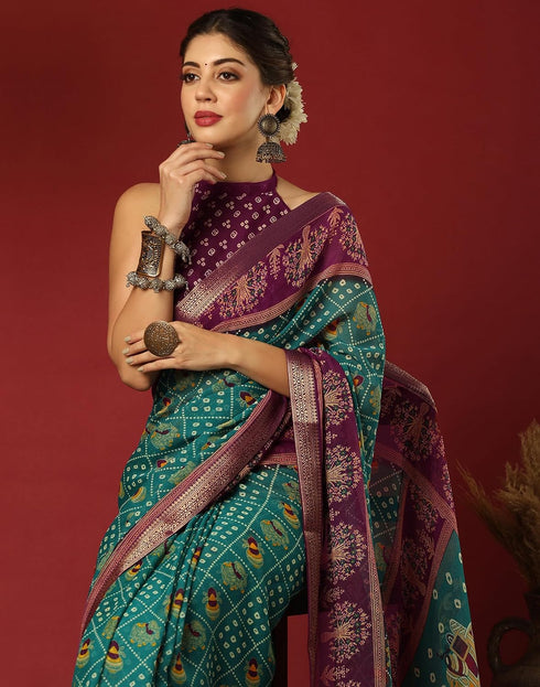 Vasthrlay Georgette Bandhani Teal Green And Wine Saree With Unstitched Blouse Piece