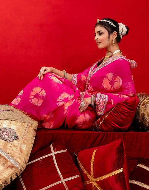 Vasthrlay Bandhani Embroidery Pink Saree With Unstitched Blouse Piece